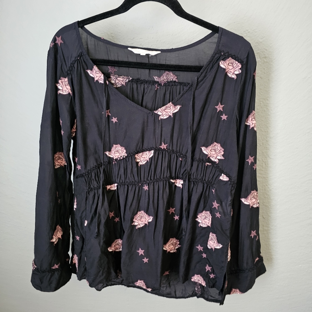 Odd Molly Black Floral Emboidered Top Size 1 S Long Sleeve Babydoll